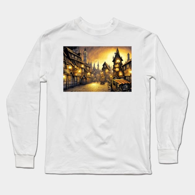 A brightly lit tudor village at night Long Sleeve T-Shirt by dystopiatoday